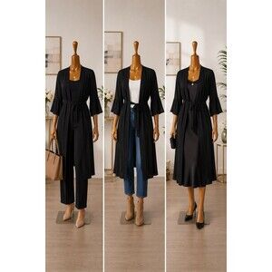 Banana Republic Black Lace Trip Wrap Dress Size S Open Front Duster Bell Sleeve